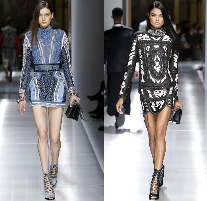 Balmain 2018 Resort Cruise Pre-Spring Womens Runway Catwalk Looks Collection - Intricate Knit Crochet Basketweave Lace Needlework Embroidery Outerwear Blazer Cutout Waist Tuxedo Cocktail Jacket Nautical Sailor Marinière Anchor Embellishments Adornments Decorated Bedazzled Jewels Metallic Studs Fringes Ornamental Decorative Art Chain Leaves Foliage Botanical Flowers Floral Pattern Motif Mesh Perforated Swirls One Shoulder Miniskirt Dress Shirtdress Ruffles Frills Ruche Sheer Chiffon Organza Tulle Satin Silk Poodle Circle Skirt Asymmetrical Hem Gown Eveningwear Denim Jeans Stripes Skinny Lace Up Cross Stitch Gladiator Thigh High Boots Choker Western Necktie Necklace Mini Micro Bag Purse Bracelet Earrings