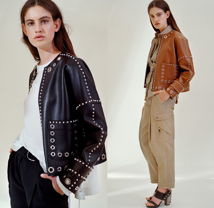 Barbara Bui 2018 Resort Cruise Pre-Spring Womens Lookbook Presentation - Grommets Eyelets Metal Rings Leather Jacket Outerwear Trench Coat Long Sleeve Blouse Shirt Onesie Jumpsuit Coveralls Bib Brace Dungarees Shirtdress One Shoulder Hooded Sweatshirt Pantsuit Lace Up Embroidery Embellishments Adornments Decorated Bedazzled Metallic Studs Zipper Gold Ruffles Flounce Snake Python Reptile Military Camouflage Cargo Pockets Miniskirt Dress Pants Trousers Pumps Crossbody Bag