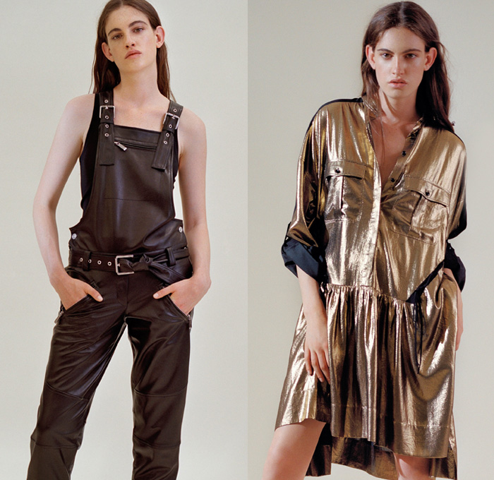 Barbara Bui 2018 Resort Cruise Pre-Spring Womens Lookbook Presentation - Grommets Eyelets Metal Rings Leather Jacket Outerwear Trench Coat Long Sleeve Blouse Shirt Onesie Jumpsuit Coveralls Bib Brace Dungarees Shirtdress One Shoulder Hooded Sweatshirt Pantsuit Lace Up Embroidery Embellishments Adornments Decorated Bedazzled Metallic Studs Zipper Gold Ruffles Flounce Snake Python Reptile Military Camouflage Cargo Pockets Miniskirt Dress Pants Trousers Pumps Crossbody Bag