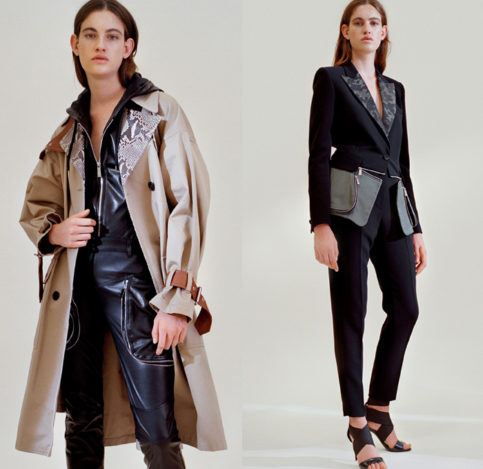 Barbara Bui 2018 Resort Cruise Pre-Spring Womens Lookbook Presentation - Grommets Eyelets Metal Rings Leather Jacket Outerwear Trench Coat Long Sleeve Blouse Shirt Onesie Jumpsuit Coveralls Bib Brace Dungarees Shirtdress One Shoulder Hooded Sweatshirt Pantsuit Lace Up Embroidery Embellishments Adornments Decorated Bedazzled Metallic Studs Zipper Gold Ruffles Flounce Snake Python Reptile Military Camouflage Cargo Pockets Miniskirt Dress Pants Trousers Pumps Crossbody Bag