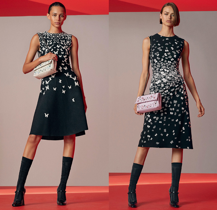 Bottega Veneta 2018 Resort Cruise Pre-Spring Womens Lookbook Presentation - Outerwear Overcoat Coatdress Shaggy Plush Fur Stripes Blazer Jacket Anorak Windbreaker Turtleneck Knit Sweater Jumper Sleeveless Dress Embroidery Decorated Bedazzled Metallic Studs Accordion Pleats Windowpane Check Cargo Pockets Leather Silk Satin Butterflies Flowers Floral Leaves Foliage Botanical Print Skirt Frock Handbag Purse Clutch Weave Sunglasses Suede Drawstring Necklace Boots Socks Pumps High Heels