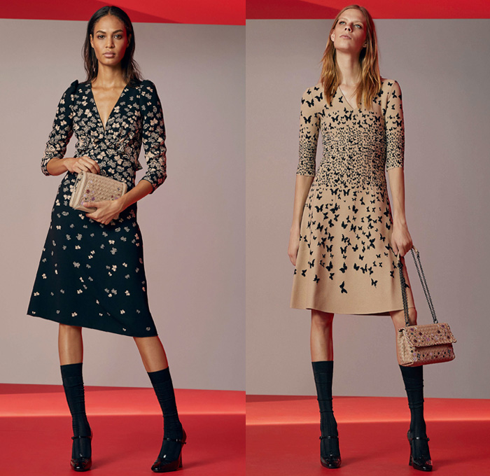 Bottega Veneta 2018 Resort Cruise Pre-Spring Womens Lookbook Presentation - Outerwear Overcoat Coatdress Shaggy Plush Fur Stripes Blazer Jacket Anorak Windbreaker Turtleneck Knit Sweater Jumper Sleeveless Dress Embroidery Decorated Bedazzled Metallic Studs Accordion Pleats Windowpane Check Cargo Pockets Leather Silk Satin Butterflies Flowers Floral Leaves Foliage Botanical Print Skirt Frock Handbag Purse Clutch Weave Sunglasses Suede Drawstring Necklace Boots Socks Pumps High Heels