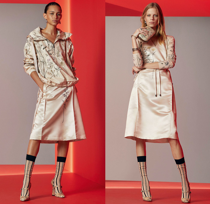 Bottega Veneta 2018 Resort Cruise Pre-Spring Womens Lookbook Presentation - Outerwear Overcoat Coatdress Shaggy Plush Fur Stripes Blazer Jacket Anorak Windbreaker Turtleneck Knit Sweater Jumper Sleeveless Dress Embroidery Decorated Bedazzled Metallic Studs Accordion Pleats Windowpane Check Cargo Pockets Leather Silk Satin Butterflies Flowers Floral Leaves Foliage Botanical Print Skirt Frock Handbag Purse Clutch Weave Sunglasses Suede Drawstring Necklace Boots Socks Pumps High Heels