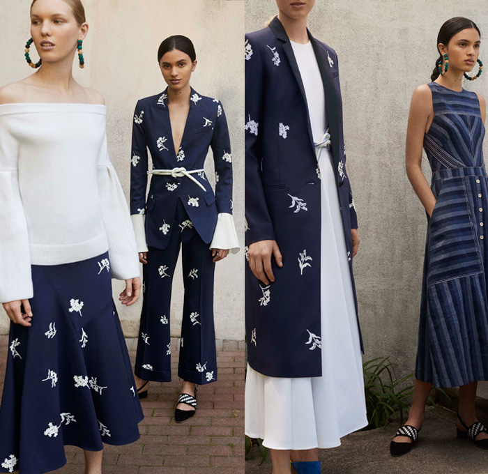 Carolina Herrera 2018 Resort Cruise Pre-Spring Womens Lookbook Presentation - Outerwear Coat Pantsuit Blazer Jacket Strapless Open Shoulders Blouse Furry Plush Fur Sweater Jumper Mimosa Flowers Floral Botanical Motif Embroidery Adornments Decorated Rings Sheer Chiffon Organza Tulle Polka Dots Ruffles Silk Satin Nautical Stripes Noodle Spaghetti Strap Maxi Dress Gown Eveningwear Miniskirt Skirt Frock Rope Tie Up Waist Cropped Wide Leg Palazzo Pants Shorts Asymmetrical Hem Cross Halterneck One Shoulder Sleeveless Tiered Lightweight Denim Jeans Frayed Raw Hem Wide Belt Square Buckle