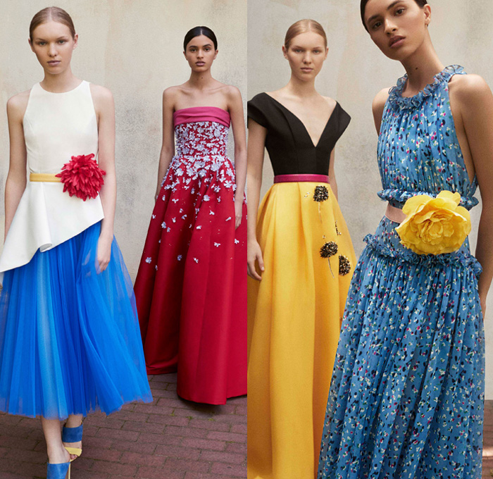 Carolina Herrera 2018 Resort Cruise Pre-Spring Womens Lookbook Presentation - Outerwear Coat Pantsuit Blazer Jacket Strapless Open Shoulders Blouse Furry Plush Fur Sweater Jumper Mimosa Flowers Floral Botanical Motif Embroidery Adornments Decorated Rings Sheer Chiffon Organza Tulle Polka Dots Ruffles Silk Satin Nautical Stripes Noodle Spaghetti Strap Maxi Dress Gown Eveningwear Miniskirt Skirt Frock Rope Tie Up Waist Cropped Wide Leg Palazzo Pants Shorts Asymmetrical Hem Cross Halterneck One Shoulder Sleeveless Tiered Lightweight Denim Jeans Frayed Raw Hem Wide Belt Square Buckle