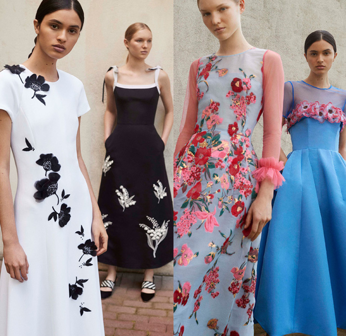 Carolina Herrera 2018 Resort Cruise Pre-Spring Womens Lookbook Presentation - Outerwear Coat Pantsuit Blazer Jacket Strapless Open Shoulders Blouse Furry Plush Fur Sweater Jumper Mimosa Flowers Floral Botanical Motif Embroidery Adornments Decorated Rings Sheer Chiffon Organza Tulle Polka Dots Ruffles Silk Satin Nautical Stripes Noodle Spaghetti Strap Maxi Dress Gown Eveningwear Miniskirt Skirt Frock Rope Tie Up Waist Cropped Wide Leg Palazzo Pants Shorts Asymmetrical Hem Cross Halterneck One Shoulder Sleeveless Tiered Lightweight Denim Jeans Frayed Raw Hem Wide Belt Square Buckle