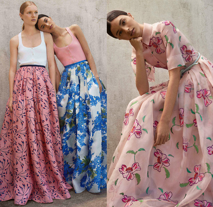 Carolina Herrera 2018 Resort Cruise Pre-Spring Womens Lookbook Presentation - Outerwear Coat Pantsuit Blazer Jacket Strapless Open Shoulders Blouse Furry Plush Fur Sweater Jumper Mimosa Flowers Floral Botanical Motif Embroidery Adornments Decorated Rings Sheer Chiffon Organza Tulle Polka Dots Ruffles Silk Satin Nautical Stripes Noodle Spaghetti Strap Maxi Dress Gown Eveningwear Miniskirt Skirt Frock Rope Tie Up Waist Cropped Wide Leg Palazzo Pants Shorts Asymmetrical Hem Cross Halterneck One Shoulder Sleeveless Tiered Lightweight Denim Jeans Frayed Raw Hem Wide Belt Square Buckle