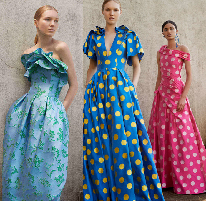 Carolina Herrera 2018 Resort Cruise Pre-Spring Womens Lookbook Presentation - Outerwear Coat Pantsuit Blazer Jacket Strapless Open Shoulders Blouse Furry Plush Fur Sweater Jumper Mimosa Flowers Floral Botanical Motif Embroidery Adornments Decorated Rings Sheer Chiffon Organza Tulle Polka Dots Ruffles Silk Satin Nautical Stripes Noodle Spaghetti Strap Maxi Dress Gown Eveningwear Miniskirt Skirt Frock Rope Tie Up Waist Cropped Wide Leg Palazzo Pants Shorts Asymmetrical Hem Cross Halterneck One Shoulder Sleeveless Tiered Lightweight Denim Jeans Frayed Raw Hem Wide Belt Square Buckle