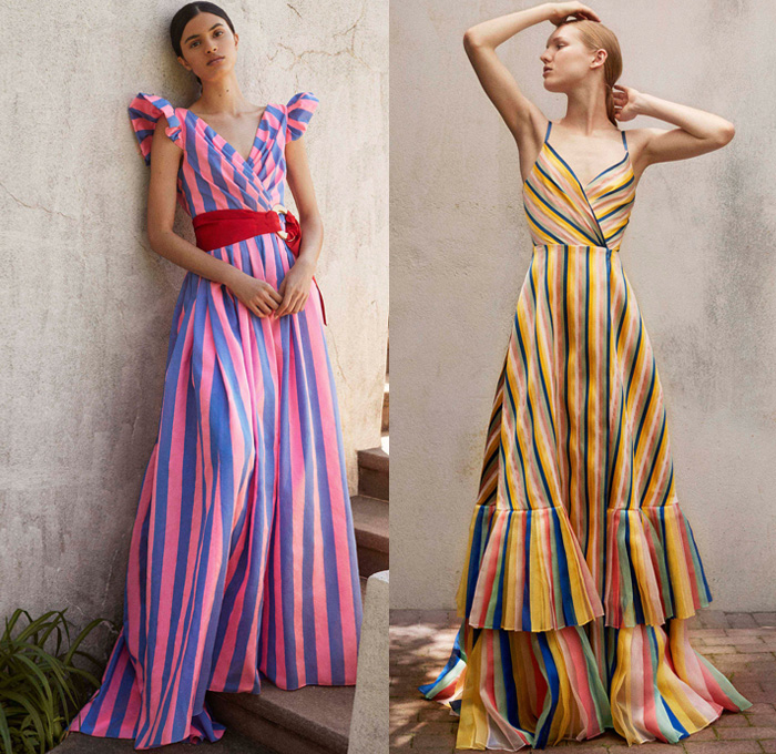 Carolina Herrera 2018 Resort Cruise Pre-Spring Womens Lookbook Presentation - Outerwear Coat Pantsuit Blazer Jacket Strapless Open Shoulders Blouse Furry Plush Fur Sweater Jumper Mimosa Flowers Floral Botanical Motif Embroidery Adornments Decorated Rings Sheer Chiffon Organza Tulle Polka Dots Ruffles Silk Satin Nautical Stripes Noodle Spaghetti Strap Maxi Dress Gown Eveningwear Miniskirt Skirt Frock Rope Tie Up Waist Cropped Wide Leg Palazzo Pants Shorts Asymmetrical Hem Cross Halterneck One Shoulder Sleeveless Tiered Lightweight Denim Jeans Frayed Raw Hem Wide Belt Square Buckle