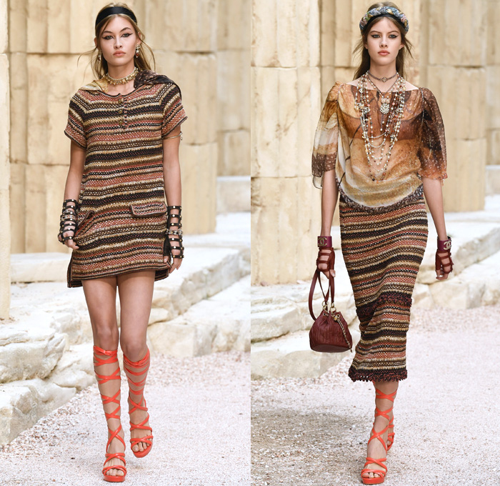 Chanel 2018 Resort Cruise Pre-Spring Womens Runway Catwalk Looks Collection Karl Lagerfeld - Ancient Greece Mediterranean Burlap Gold Coins Buttons Laurel Leaves Column Toga Dress Intarsia Stripes Knit Weave Tweed Mesh Ribbed Crochet Basketweave Sweater Jumper Fringes Sheer Chiffon Ornaments Decorative Art Bandeau Crop Top Pinafore Dress Outerwear Jacketdress Miniskirt Vest Tiered Pussycat Bow Ribbon Lace Embroidery Flowers Floral Bedazzled Jewels Jewels Sequins Pearls Wrap Tie Up Silk Satin Shorts Bodyplate Armor Strapless Accordion Pleats Halterneck Robe Goddess Gown Eveningwear Wind Swirls One Shoulder Gladiator Sandals Straps Bangles Choker Sunglasses Corset Drapery Handbag Purse Clutch Faded Denim Jeans 