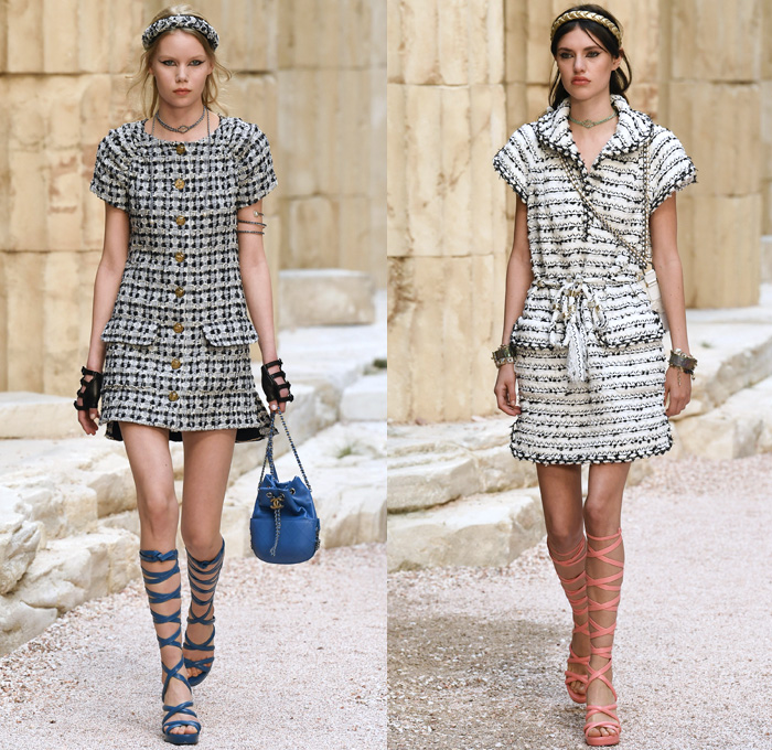 Chanel 2018 Resort Cruise Pre-Spring Womens Runway Catwalk Looks Collection Karl Lagerfeld - Ancient Greece Mediterranean Burlap Gold Coins Buttons Laurel Leaves Column Toga Dress Intarsia Stripes Knit Weave Tweed Mesh Ribbed Crochet Basketweave Sweater Jumper Fringes Sheer Chiffon Ornaments Decorative Art Bandeau Crop Top Pinafore Dress Outerwear Jacketdress Miniskirt Vest Tiered Pussycat Bow Ribbon Lace Embroidery Flowers Floral Bedazzled Jewels Jewels Sequins Pearls Wrap Tie Up Silk Satin Shorts Bodyplate Armor Strapless Accordion Pleats Halterneck Robe Goddess Gown Eveningwear Wind Swirls One Shoulder Gladiator Sandals Straps Bangles Choker Sunglasses Corset Drapery Handbag Purse Clutch Faded Denim Jeans 