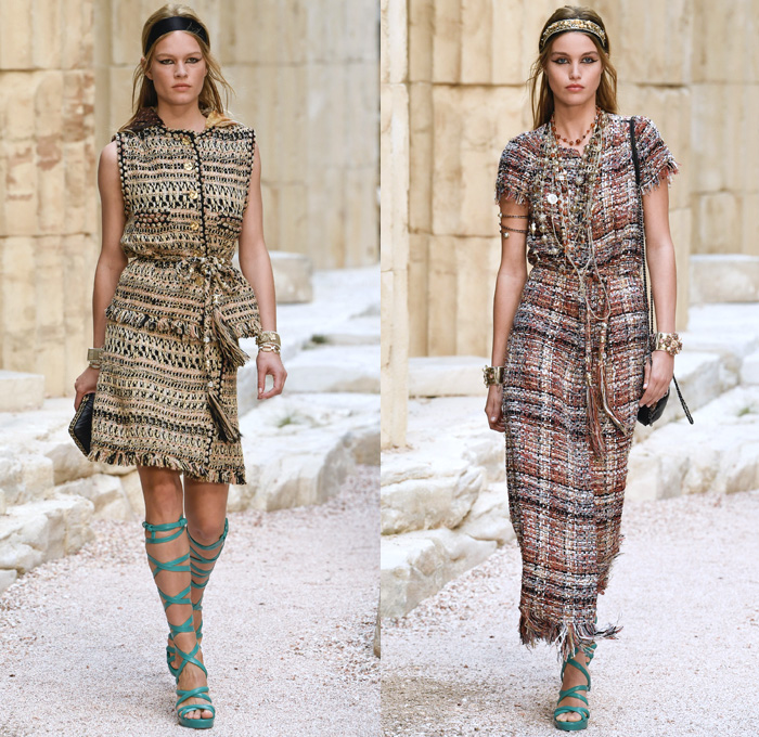 Chanel 2018 Resort Cruise Pre-Spring Womens Runway Catwalk Looks Collection Karl Lagerfeld - Ancient Greece Mediterranean Burlap Gold Coins Buttons Laurel Leaves Column Toga Dress Intarsia Stripes Knit Weave Tweed Mesh Ribbed Crochet Basketweave Sweater Jumper Fringes Sheer Chiffon Ornaments Decorative Art Bandeau Crop Top Pinafore Dress Outerwear Jacketdress Miniskirt Vest Tiered Pussycat Bow Ribbon Lace Embroidery Flowers Floral Bedazzled Jewels Jewels Sequins Pearls Wrap Tie Up Silk Satin Shorts Bodyplate Armor Strapless Accordion Pleats Halterneck Robe Goddess Gown Eveningwear Wind Swirls One Shoulder Gladiator Sandals Straps Bangles Choker Sunglasses Corset Drapery Handbag Purse Clutch Faded Denim Jeans 