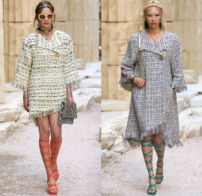 Chanel 2018 Resort Cruise Pre-Spring Womens Runway Catwalk Looks Collection Karl Lagerfeld - Ancient Greece Mediterranean Burlap Gold Coins Buttons Laurel Leaves Column Toga Dress Intarsia Stripes Knit Weave Tweed Mesh Ribbed Crochet Basketweave Sweater Jumper Fringes Sheer Chiffon Ornaments Decorative Art Bandeau Crop Top Pinafore Dress Outerwear Jacketdress Miniskirt Vest Tiered Pussycat Bow Ribbon Lace Embroidery Flowers Floral Bedazzled Jewels Jewels Sequins Pearls Wrap Tie Up Silk Satin Shorts Bodyplate Armor Strapless Accordion Pleats Halterneck Robe Goddess Gown Eveningwear Wind Swirls One Shoulder Gladiator Sandals Straps Bangles Choker Sunglasses Corset Drapery Handbag Purse Clutch Faded Denim Jeans 