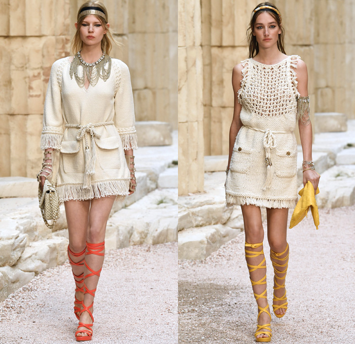 Chanel 2018 Resort Cruise Pre-Spring Womens Runway Catwalk Looks Collection Karl Lagerfeld - Ancient Greece Mediterranean Burlap Gold Coins Buttons Laurel Leaves Column Toga Dress Intarsia Stripes Knit Weave Tweed Mesh Ribbed Crochet Basketweave Sweater Jumper Fringes Sheer Chiffon Ornaments Decorative Art Bandeau Crop Top Pinafore Dress Outerwear Jacketdress Miniskirt Vest Tiered Pussycat Bow Ribbon Lace Embroidery Flowers Floral Bedazzled Jewels Jewels Sequins Pearls Wrap Tie Up Silk Satin Shorts Bodyplate Armor Strapless Accordion Pleats Halterneck Robe Goddess Gown Eveningwear Wind Swirls One Shoulder Gladiator Sandals Straps Bangles Choker Sunglasses Corset Drapery Handbag Purse Clutch Faded Denim Jeans 