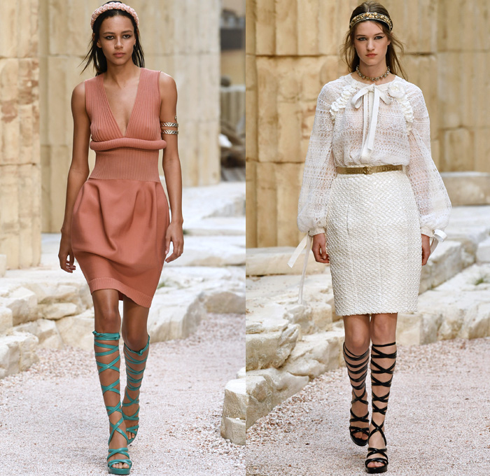 Chanel 2018 Resort Cruise Pre-Spring Womens Runway Catwalk Looks Collection Karl Lagerfeld - Ancient Greece Mediterranean Burlap Gold Coins Buttons Laurel Leaves Column Toga Dress Intarsia Stripes Knit Weave Tweed Mesh Ribbed Crochet Basketweave Sweater Jumper Fringes Sheer Chiffon Ornaments Decorative Art Bandeau Crop Top Pinafore Dress Outerwear Jacketdress Miniskirt Vest Tiered Pussycat Bow Ribbon Lace Embroidery Flowers Floral Bedazzled Jewels Jewels Sequins Pearls Wrap Tie Up Silk Satin Shorts Bodyplate Armor Strapless Accordion Pleats Halterneck Robe Goddess Gown Eveningwear Wind Swirls One Shoulder Gladiator Sandals Straps Bangles Choker Sunglasses Corset Drapery Handbag Purse Clutch Faded Denim Jeans 