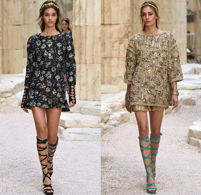 Chanel 2018 Resort Cruise Pre-Spring Womens Runway Catwalk Looks Collection Karl Lagerfeld - Ancient Greece Mediterranean Burlap Gold Coins Buttons Laurel Leaves Column Toga Dress Intarsia Stripes Knit Weave Tweed Mesh Ribbed Crochet Basketweave Sweater Jumper Fringes Sheer Chiffon Ornaments Decorative Art Bandeau Crop Top Pinafore Dress Outerwear Jacketdress Miniskirt Vest Tiered Pussycat Bow Ribbon Lace Embroidery Flowers Floral Bedazzled Jewels Jewels Sequins Pearls Wrap Tie Up Silk Satin Shorts Bodyplate Armor Strapless Accordion Pleats Halterneck Robe Goddess Gown Eveningwear Wind Swirls One Shoulder Gladiator Sandals Straps Bangles Choker Sunglasses Corset Drapery Handbag Purse Clutch Faded Denim Jeans 