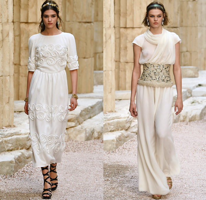 Chanel 2018 Resort Cruise Pre-Spring Womens Runway Catwalk Looks Collection Karl Lagerfeld - Ancient Greece Mediterranean Burlap Gold Coins Buttons Laurel Leaves Column Toga Dress Intarsia Stripes Knit Weave Tweed Mesh Ribbed Crochet Basketweave Sweater Jumper Fringes Sheer Chiffon Ornaments Decorative Art Bandeau Crop Top Pinafore Dress Outerwear Jacketdress Miniskirt Vest Tiered Pussycat Bow Ribbon Lace Embroidery Flowers Floral Bedazzled Jewels Jewels Sequins Pearls Wrap Tie Up Silk Satin Shorts Bodyplate Armor Strapless Accordion Pleats Halterneck Robe Goddess Gown Eveningwear Wind Swirls One Shoulder Gladiator Sandals Straps Bangles Choker Sunglasses Corset Drapery Handbag Purse Clutch Faded Denim Jeans 