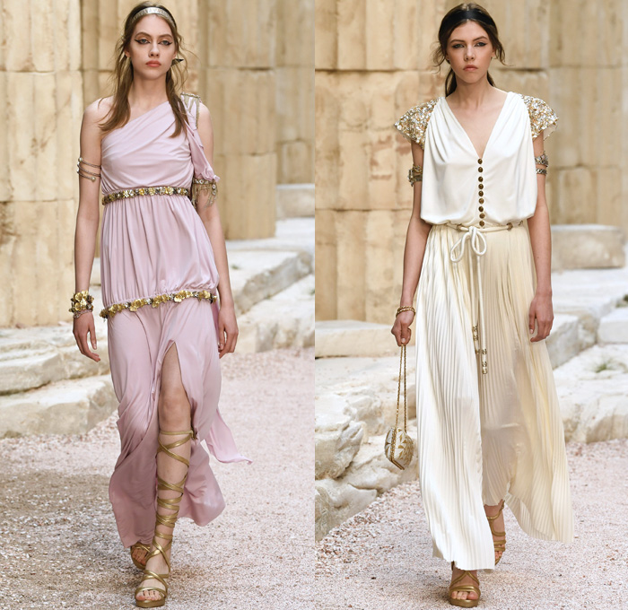 Chanel 2018 Resort Cruise Pre-Spring Womens Runway Catwalk Looks Collection Karl Lagerfeld - Ancient Greece Mediterranean Burlap Gold Coins Buttons Laurel Leaves Column Toga Dress Intarsia Stripes Knit Weave Tweed Mesh Ribbed Crochet Basketweave Sweater Jumper Fringes Sheer Chiffon Ornaments Decorative Art Bandeau Crop Top Pinafore Dress Outerwear Jacketdress Miniskirt Vest Tiered Pussycat Bow Ribbon Lace Embroidery Flowers Floral Bedazzled Jewels Jewels Sequins Pearls Wrap Tie Up Silk Satin Shorts Bodyplate Armor Strapless Accordion Pleats Halterneck Robe Goddess Gown Eveningwear Wind Swirls One Shoulder Gladiator Sandals Straps Bangles Choker Sunglasses Corset Drapery Handbag Purse Clutch Faded Denim Jeans 