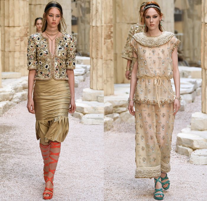 Chanel 2018 Resort Cruise Pre-Spring Womens Runway Catwalk Looks Collection Karl Lagerfeld - Ancient Greece Mediterranean Burlap Gold Coins Buttons Laurel Leaves Column Toga Dress Intarsia Stripes Knit Weave Tweed Mesh Ribbed Crochet Basketweave Sweater Jumper Fringes Sheer Chiffon Ornaments Decorative Art Bandeau Crop Top Pinafore Dress Outerwear Jacketdress Miniskirt Vest Tiered Pussycat Bow Ribbon Lace Embroidery Flowers Floral Bedazzled Jewels Jewels Sequins Pearls Wrap Tie Up Silk Satin Shorts Bodyplate Armor Strapless Accordion Pleats Halterneck Robe Goddess Gown Eveningwear Wind Swirls One Shoulder Gladiator Sandals Straps Bangles Choker Sunglasses Corset Drapery Handbag Purse Clutch Faded Denim Jeans 