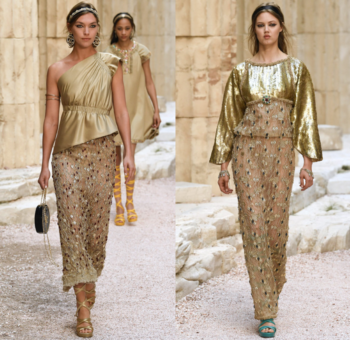 Chanel 2018 Resort Cruise Pre-Spring Womens Runway Catwalk Looks Collection Karl Lagerfeld - Ancient Greece Mediterranean Burlap Gold Coins Buttons Laurel Leaves Column Toga Dress Intarsia Stripes Knit Weave Tweed Mesh Ribbed Crochet Basketweave Sweater Jumper Fringes Sheer Chiffon Ornaments Decorative Art Bandeau Crop Top Pinafore Dress Outerwear Jacketdress Miniskirt Vest Tiered Pussycat Bow Ribbon Lace Embroidery Flowers Floral Bedazzled Jewels Jewels Sequins Pearls Wrap Tie Up Silk Satin Shorts Bodyplate Armor Strapless Accordion Pleats Halterneck Robe Goddess Gown Eveningwear Wind Swirls One Shoulder Gladiator Sandals Straps Bangles Choker Sunglasses Corset Drapery Handbag Purse Clutch Faded Denim Jeans 