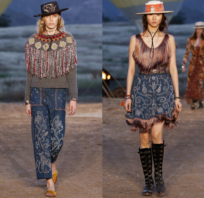 Christian Dior 2018 Resort Cruise Pre-Spring Womens Runway Catwalk Looks Collection Maria Grazia Chiuri - Upper Las Virgenes Canyon Open Space Preserve Calabasas Los Angeles California Sauvage Lascaux Collection Ancient Prehistoric Cave Paintings Cave Paintings Drawings Animals Earthy Shades Western Ornaments Decorative Art Tribal Ethnic Folk Illustration Embellishments Adornments Decorated Bedazzled Beads Feathers Metallic Studs Robe Outerwear Coat Plush Fur Knit Sweater Crochet Mesh Weave Blazer Jacket Vest Waistcoat Suede Kimono Wrap Poncho Sheer Chiffon Organza Tulle Maxi Dress Gown Eveningwear Fringes Skirt Frock Leaves Foliage Silk Satin Paisley Lace Embroidery Pompoms Plaid Raw Dry Selvedge Denim Jeans Handbag Purse Clutch Cowboy Hat Sandals Knee High Boots Bracelet Choker