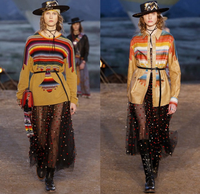 Christian Dior 2018 Resort Cruise Pre-Spring Womens Runway Catwalk Looks Collection Maria Grazia Chiuri - Upper Las Virgenes Canyon Open Space Preserve Calabasas Los Angeles California Sauvage Lascaux Collection Ancient Prehistoric Cave Paintings Cave Paintings Drawings Animals Earthy Shades Western Ornaments Decorative Art Tribal Ethnic Folk Illustration Embellishments Adornments Decorated Bedazzled Beads Feathers Metallic Studs Robe Outerwear Coat Plush Fur Knit Sweater Crochet Mesh Weave Blazer Jacket Vest Waistcoat Suede Kimono Wrap Poncho Sheer Chiffon Organza Tulle Maxi Dress Gown Eveningwear Fringes Skirt Frock Leaves Foliage Silk Satin Paisley Lace Embroidery Pompoms Plaid Raw Dry Selvedge Denim Jeans Handbag Purse Clutch Cowboy Hat Sandals Knee High Boots Bracelet Choker