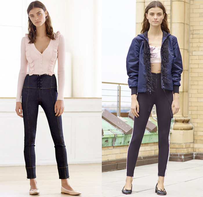 Cinq à Sept 2018 Resort Cruise Pre-Spring Womens Lookbook Presentation - Denim Jeans High Waist Skinny Lace Up Embroidery Bedazzled Jewels Metallic Studs Flowers Floral Bomber Jacket Hood Knit Cardigan Sweater Jumper Ruffles Fringes Bandeau Crop Top Midriff Sleeveless Turtleneck Plaid Tartan Check Blouse Long Sleeve Shirt Patches Blazer Pantsuit Tie Up Knot Ribbon Saturn Planet Heart Star Comet Silk Satin Leg-of-Mutton Sleeves Noodle Spaghetti Strap Tiered Dress Sporty Athleisure Gym Fitness Activewear Track Pants Flare Wide Leg Trousers Palazzo Pants Grommet Eyelet Rings