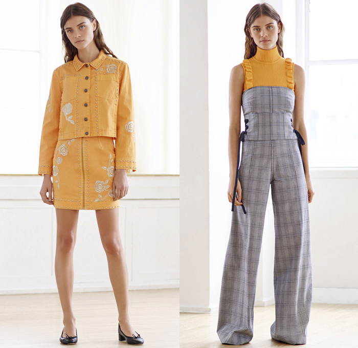 Cinq à Sept 2018 Resort Cruise Pre-Spring Womens Lookbook Presentation - Denim Jeans High Waist Skinny Lace Up Embroidery Bedazzled Jewels Metallic Studs Flowers Floral Bomber Jacket Hood Knit Cardigan Sweater Jumper Ruffles Fringes Bandeau Crop Top Midriff Sleeveless Turtleneck Plaid Tartan Check Blouse Long Sleeve Shirt Patches Blazer Pantsuit Tie Up Knot Ribbon Saturn Planet Heart Star Comet Silk Satin Leg-of-Mutton Sleeves Noodle Spaghetti Strap Tiered Dress Sporty Athleisure Gym Fitness Activewear Track Pants Flare Wide Leg Trousers Palazzo Pants Grommet Eyelet Rings