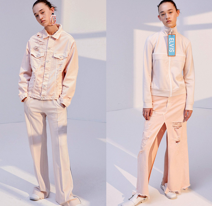 Dondup 2018 Resort Cruise Pre-Spring Womens Lookbook Presentation - 1970s Seventies Denim Jeans Cutoffs Shorts Frayed Raw Hem Destroyed Destructed Double Waistband Floral Buttons Closures Flare Bell Bottom Fringes Tassels Patches High Slit Skirt Outerwear Trench Coat Parka Bomber Jacket Pantsuit Onesie Jumpsuit Coveralls Boiler Suit Long Sleeve Blouse Shirt Sweater Jumper Hooded Sweatshirt Sheer Chiffon Organdy Tulle Crop Top Midriff Knit Mesh Fishnet Tracksuit One Shoulder Dress Ruffles Flounce Plaid Tartan Check Embroidery Adornments Decorated Bedazzled Sequins Paillettes Swirls Wide Leg Trousers Palazzo Pants Trucker Hat Boots Mules Fanny Pack Waist Pouch Belt Bag