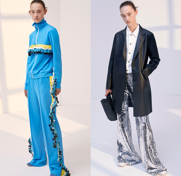 Dondup 2018 Resort Cruise Pre-Spring Womens Lookbook Presentation - 1970s Seventies Denim Jeans Cutoffs Shorts Frayed Raw Hem Destroyed Destructed Double Waistband Floral Buttons Closures Flare Bell Bottom Fringes Tassels Patches High Slit Skirt Outerwear Trench Coat Parka Bomber Jacket Pantsuit Onesie Jumpsuit Coveralls Boiler Suit Long Sleeve Blouse Shirt Sweater Jumper Hooded Sweatshirt Sheer Chiffon Organdy Tulle Crop Top Midriff Knit Mesh Fishnet Tracksuit One Shoulder Dress Ruffles Flounce Plaid Tartan Check Embroidery Adornments Decorated Bedazzled Sequins Paillettes Swirls Wide Leg Trousers Palazzo Pants Trucker Hat Boots Mules Fanny Pack Waist Pouch Belt Bag