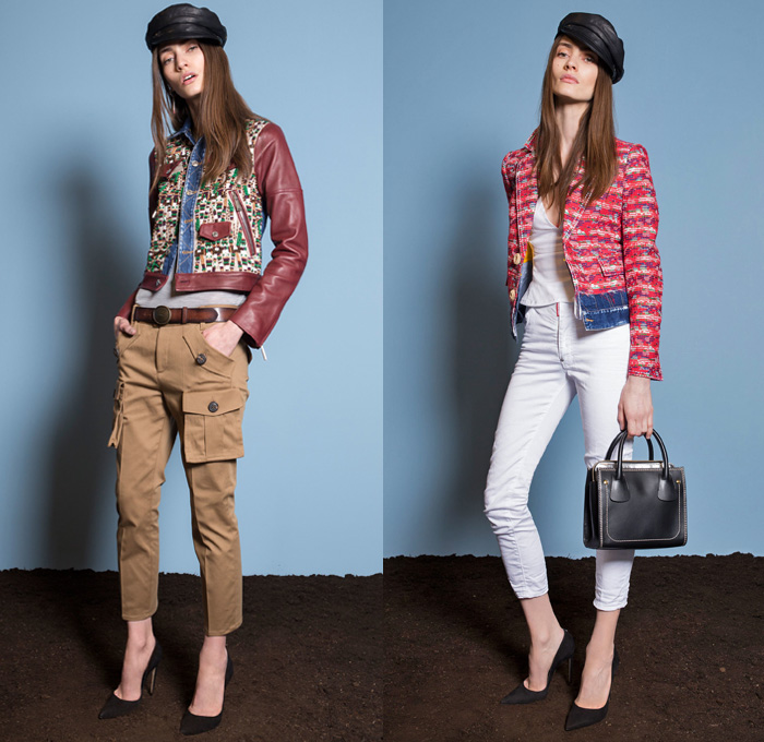 Dsquared2 2018 Resort Cruise Pre-Spring Womens Lookbook Presentation - Denim Jeans Hybrid Combo Panels Mix Match Mash Up Chambray 2-in-1 Girl Scout Campfire Logo Emblems Patches Bandana Scarf Embroidery Embellishments Bedazzled Beads Metallic Studs Zipper Knit Weave Zebra Animal Stripes Plaid Tartan Check Outerwear Coat Motorcycle Biker Rider Leather Jacket Sweater Jumper Vest Waistcoat Layers Bomber Jacket Bomberdress Sleeveless Dress Miniskirt Blouse Long Sleeve Shirt Cropped Pants Cargo Pockets Shorts Poorboy Gatsby Hat Pumps High Heels Handbag Purse Clutch Fanny Pack Waist Pouch Belt Bag Duffel Backpack