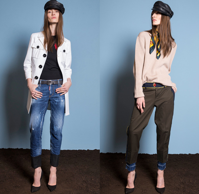 Dsquared2 2018 Resort Cruise Pre-Spring Womens Lookbook Presentation - Denim Jeans Hybrid Combo Panels Mix Match Mash Up Chambray 2-in-1 Girl Scout Campfire Logo Emblems Patches Bandana Scarf Embroidery Embellishments Bedazzled Beads Metallic Studs Zipper Knit Weave Zebra Animal Stripes Plaid Tartan Check Outerwear Coat Motorcycle Biker Rider Leather Jacket Sweater Jumper Vest Waistcoat Layers Bomber Jacket Bomberdress Sleeveless Dress Miniskirt Blouse Long Sleeve Shirt Cropped Pants Cargo Pockets Shorts Poorboy Gatsby Hat Pumps High Heels Handbag Purse Clutch Fanny Pack Waist Pouch Belt Bag Duffel Backpack