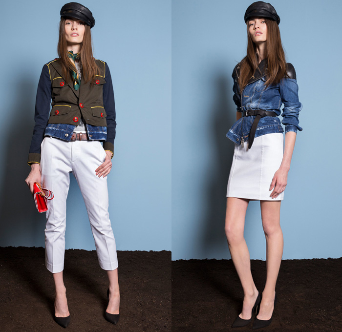 Dsquared2 2018 Resort Cruise Pre-Spring Womens Lookbook Presentation - Denim Jeans Hybrid Combo Panels Mix Match Mash Up Chambray 2-in-1 Girl Scout Campfire Logo Emblems Patches Bandana Scarf Embroidery Embellishments Bedazzled Beads Metallic Studs Zipper Knit Weave Zebra Animal Stripes Plaid Tartan Check Outerwear Coat Motorcycle Biker Rider Leather Jacket Sweater Jumper Vest Waistcoat Layers Bomber Jacket Bomberdress Sleeveless Dress Miniskirt Blouse Long Sleeve Shirt Cropped Pants Cargo Pockets Shorts Poorboy Gatsby Hat Pumps High Heels Handbag Purse Clutch Fanny Pack Waist Pouch Belt Bag Duffel Backpack