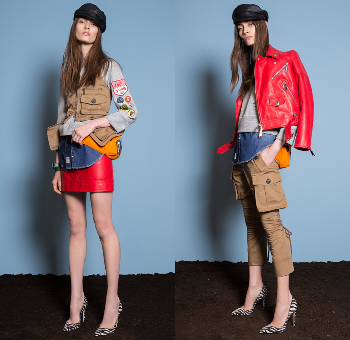 Dsquared2 2018 Resort Cruise Pre-Spring Womens Lookbook Presentation - Denim Jeans Hybrid Combo Panels Mix Match Mash Up Chambray 2-in-1 Girl Scout Campfire Logo Emblems Patches Bandana Scarf Embroidery Embellishments Bedazzled Beads Metallic Studs Zipper Knit Weave Zebra Animal Stripes Plaid Tartan Check Outerwear Coat Motorcycle Biker Rider Leather Jacket Sweater Jumper Vest Waistcoat Layers Bomber Jacket Bomberdress Sleeveless Dress Miniskirt Blouse Long Sleeve Shirt Cropped Pants Cargo Pockets Shorts Poorboy Gatsby Hat Pumps High Heels Handbag Purse Clutch Fanny Pack Waist Pouch Belt Bag Duffel Backpack