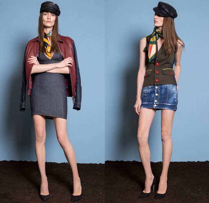 Dsquared2 2018 Resort Cruise Pre-Spring Womens Lookbook Presentation - Denim Jeans Hybrid Combo Panels Mix Match Mash Up Chambray 2-in-1 Girl Scout Campfire Logo Emblems Patches Bandana Scarf Embroidery Embellishments Bedazzled Beads Metallic Studs Zipper Knit Weave Zebra Animal Stripes Plaid Tartan Check Outerwear Coat Motorcycle Biker Rider Leather Jacket Sweater Jumper Vest Waistcoat Layers Bomber Jacket Bomberdress Sleeveless Dress Miniskirt Blouse Long Sleeve Shirt Cropped Pants Cargo Pockets Shorts Poorboy Gatsby Hat Pumps High Heels Handbag Purse Clutch Fanny Pack Waist Pouch Belt Bag Duffel Backpack