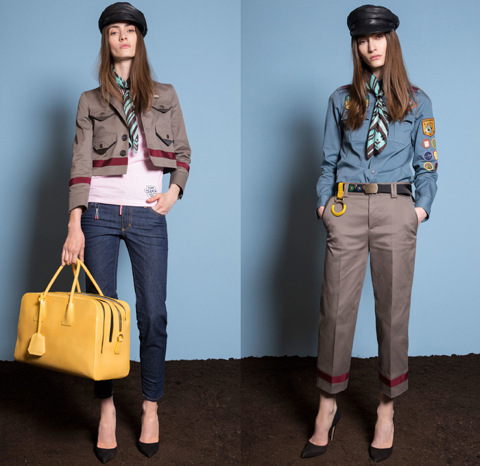 Dsquared2 2018 Resort Cruise Pre-Spring Womens Lookbook Presentation - Denim Jeans Hybrid Combo Panels Mix Match Mash Up Chambray 2-in-1 Girl Scout Campfire Logo Emblems Patches Bandana Scarf Embroidery Embellishments Bedazzled Beads Metallic Studs Zipper Knit Weave Zebra Animal Stripes Plaid Tartan Check Outerwear Coat Motorcycle Biker Rider Leather Jacket Sweater Jumper Vest Waistcoat Layers Bomber Jacket Bomberdress Sleeveless Dress Miniskirt Blouse Long Sleeve Shirt Cropped Pants Cargo Pockets Shorts Poorboy Gatsby Hat Pumps High Heels Handbag Purse Clutch Fanny Pack Waist Pouch Belt Bag Duffel Backpack