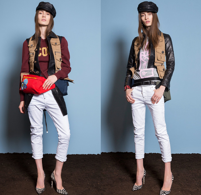 Dsquared2 2018 Resort Cruise Pre-Spring Womens Lookbook Presentation - Denim Jeans Hybrid Combo Panels Mix Match Mash Up Chambray 2-in-1 Girl Scout Campfire Logo Emblems Patches Bandana Scarf Embroidery Embellishments Bedazzled Beads Metallic Studs Zipper Knit Weave Zebra Animal Stripes Plaid Tartan Check Outerwear Coat Motorcycle Biker Rider Leather Jacket Sweater Jumper Vest Waistcoat Layers Bomber Jacket Bomberdress Sleeveless Dress Miniskirt Blouse Long Sleeve Shirt Cropped Pants Cargo Pockets Shorts Poorboy Gatsby Hat Pumps High Heels Handbag Purse Clutch Fanny Pack Waist Pouch Belt Bag Duffel Backpack