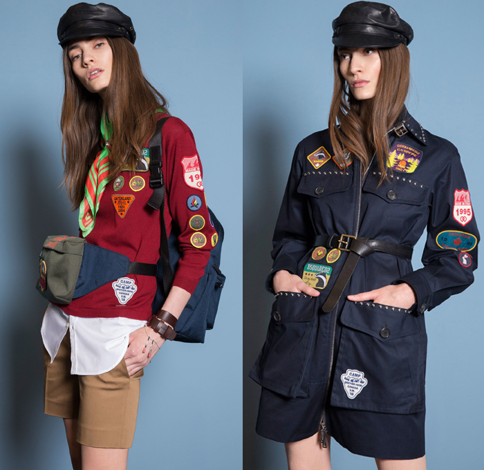 Dsquared2 2018 Resort Cruise Pre-Spring Womens Lookbook Presentation - Denim Jeans Hybrid Combo Panels Mix Match Mash Up Chambray 2-in-1 Girl Scout Campfire Logo Emblems Patches Bandana Scarf Embroidery Embellishments Bedazzled Beads Metallic Studs Zipper Knit Weave Zebra Animal Stripes Plaid Tartan Check Outerwear Coat Motorcycle Biker Rider Leather Jacket Sweater Jumper Vest Waistcoat Layers Bomber Jacket Bomberdress Sleeveless Dress Miniskirt Blouse Long Sleeve Shirt Cropped Pants Cargo Pockets Shorts Poorboy Gatsby Hat Pumps High Heels Handbag Purse Clutch Fanny Pack Waist Pouch Belt Bag Duffel Backpack