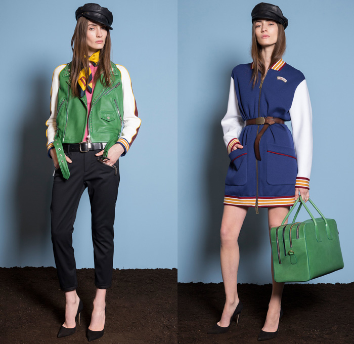 Dsquared2 2018 Resort Cruise Pre-Spring Womens Lookbook Presentation - Denim Jeans Hybrid Combo Panels Mix Match Mash Up Chambray 2-in-1 Girl Scout Campfire Logo Emblems Patches Bandana Scarf Embroidery Embellishments Bedazzled Beads Metallic Studs Zipper Knit Weave Zebra Animal Stripes Plaid Tartan Check Outerwear Coat Motorcycle Biker Rider Leather Jacket Sweater Jumper Vest Waistcoat Layers Bomber Jacket Bomberdress Sleeveless Dress Miniskirt Blouse Long Sleeve Shirt Cropped Pants Cargo Pockets Shorts Poorboy Gatsby Hat Pumps High Heels Handbag Purse Clutch Fanny Pack Waist Pouch Belt Bag Duffel Backpack