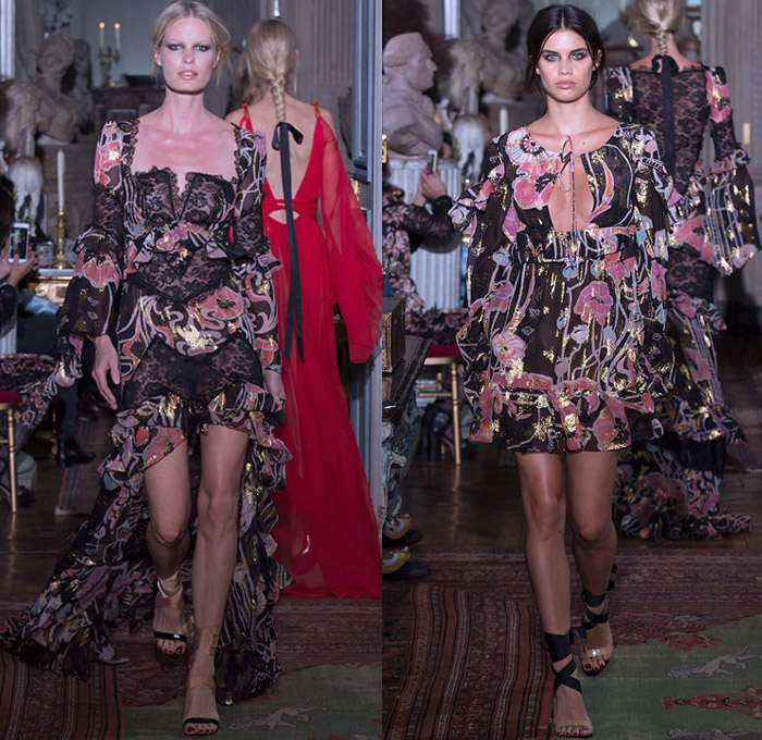Peter Dundas 2018 Resort Cruise Pre-Spring Womens Runway Catwalk Looks Collection Paris France - Denim Jeans Shirt Frayed Raw Hem Fur Plush Shearling Outerwear Suede Trench Coat Starship Soul 1970s Seventies Rock N Roll Maxi Dress Goddess Gown Screen Siren Eveningwear Sheer Chiffon Organza Tulle Lace Embroidery Needlework Embellishments Adornments Decorated Appliqués Bedazzled Studs Sequins Flowers Floral Print Graphic Pattern Motif Onesie Jumpsuit Coveralls Strapless Cutout Shoulders Shirtdress Belted Waist Ornaments Decorative Art Drapery Sash Ribbon Knot Ruffles Silk Satin One Shoulder Geometric Halterneck Fringes Noodle Strap Dovetail Mullet Hem Waterfall Skirt High Slit Lace Up Snakeskin Boots 