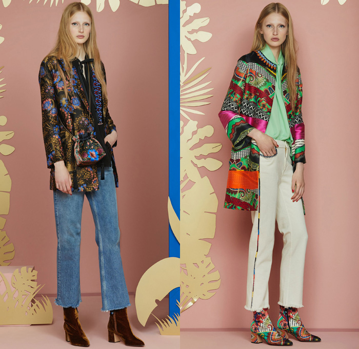 Etro 2018 Resort Cruise Pre-Spring Womens Lookbook Presentation - African Anglo-Indian Bohemian Folklore Ornamental Decorative Art Prints Paisley Kimono Robe Wrap Silk Satin Crêpe De Chine Batik Blossoms Zebra Jacquard Brocade Flowers Floral Leaves Foliage Mix Match Mash Up Fringes Drawstring Cinch Ruffles V-Neck Stripes Tweed Plaid Check Outerwear Coat Long Sleeve Blouse Shirt Sleeveless Vest Waistcoat Maxi Dress Knit Sweater Jumper Shirtdress Tunicdress Denim Jeans Frayed Raw Hem Cropped Tuxedo Stripe Wide Leg Trousers Palazzo Pants Asymmetrical Hem Skirt Frock Thigh High Knee High Boots Suede Choker Pumps High Heels Espadrilles Pompoms Pouch Backpack Purse Clutch Crossbody Bag