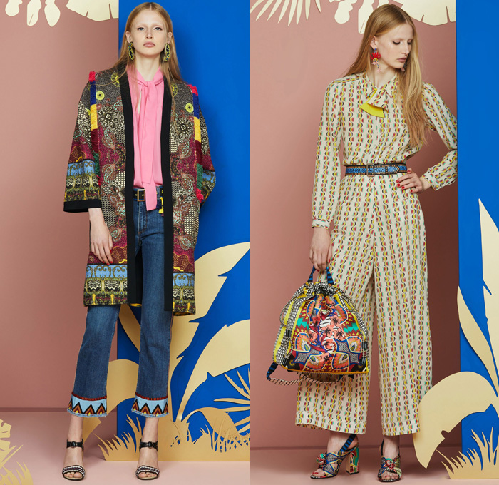 Etro 2018 Resort Cruise Pre-Spring Womens Lookbook Presentation - African Anglo-Indian Bohemian Folklore Ornamental Decorative Art Prints Paisley Kimono Robe Wrap Silk Satin Crêpe De Chine Batik Blossoms Zebra Jacquard Brocade Flowers Floral Leaves Foliage Mix Match Mash Up Fringes Drawstring Cinch Ruffles V-Neck Stripes Tweed Plaid Check Outerwear Coat Long Sleeve Blouse Shirt Sleeveless Vest Waistcoat Maxi Dress Knit Sweater Jumper Shirtdress Tunicdress Denim Jeans Frayed Raw Hem Cropped Tuxedo Stripe Wide Leg Trousers Palazzo Pants Asymmetrical Hem Skirt Frock Thigh High Knee High Boots Suede Choker Pumps High Heels Espadrilles Pompoms Pouch Backpack Purse Clutch Crossbody Bag