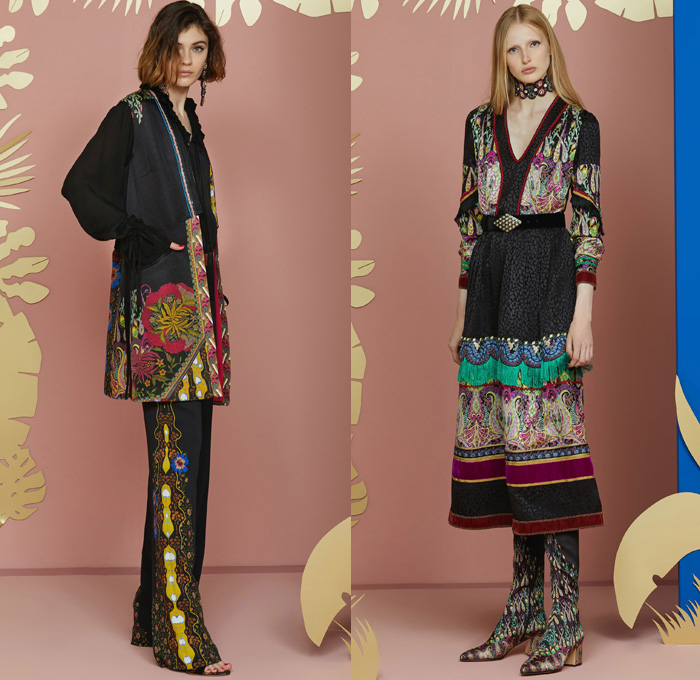 Etro 2018 Resort Cruise Pre-Spring Womens Lookbook Presentation - African Anglo-Indian Bohemian Folklore Ornamental Decorative Art Prints Paisley Kimono Robe Wrap Silk Satin Crêpe De Chine Batik Blossoms Zebra Jacquard Brocade Flowers Floral Leaves Foliage Mix Match Mash Up Fringes Drawstring Cinch Ruffles V-Neck Stripes Tweed Plaid Check Outerwear Coat Long Sleeve Blouse Shirt Sleeveless Vest Waistcoat Maxi Dress Knit Sweater Jumper Shirtdress Tunicdress Denim Jeans Frayed Raw Hem Cropped Tuxedo Stripe Wide Leg Trousers Palazzo Pants Asymmetrical Hem Skirt Frock Thigh High Knee High Boots Suede Choker Pumps High Heels Espadrilles Pompoms Pouch Backpack Purse Clutch Crossbody Bag