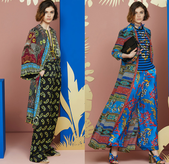 Etro 2018 Resort Cruise Pre-Spring Womens Lookbook Presentation - African Anglo-Indian Bohemian Folklore Ornamental Decorative Art Prints Paisley Kimono Robe Wrap Silk Satin Crêpe De Chine Batik Blossoms Zebra Jacquard Brocade Flowers Floral Leaves Foliage Mix Match Mash Up Fringes Drawstring Cinch Ruffles V-Neck Stripes Tweed Plaid Check Outerwear Coat Long Sleeve Blouse Shirt Sleeveless Vest Waistcoat Maxi Dress Knit Sweater Jumper Shirtdress Tunicdress Denim Jeans Frayed Raw Hem Cropped Tuxedo Stripe Wide Leg Trousers Palazzo Pants Asymmetrical Hem Skirt Frock Thigh High Knee High Boots Suede Choker Pumps High Heels Espadrilles Pompoms Pouch Backpack Purse Clutch Crossbody Bag