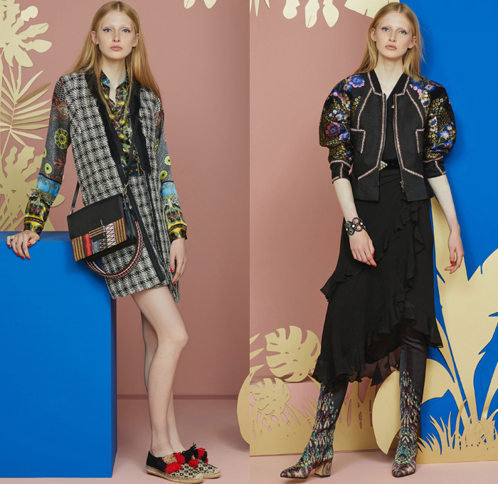 Etro 2018 Resort Cruise Pre-Spring Womens Lookbook Presentation - African Anglo-Indian Bohemian Folklore Ornamental Decorative Art Prints Paisley Kimono Robe Wrap Silk Satin Crêpe De Chine Batik Blossoms Zebra Jacquard Brocade Flowers Floral Leaves Foliage Mix Match Mash Up Fringes Drawstring Cinch Ruffles V-Neck Stripes Tweed Plaid Check Outerwear Coat Long Sleeve Blouse Shirt Sleeveless Vest Waistcoat Maxi Dress Knit Sweater Jumper Shirtdress Tunicdress Denim Jeans Frayed Raw Hem Cropped Tuxedo Stripe Wide Leg Trousers Palazzo Pants Asymmetrical Hem Skirt Frock Thigh High Knee High Boots Suede Choker Pumps High Heels Espadrilles Pompoms Pouch Backpack Purse Clutch Crossbody Bag