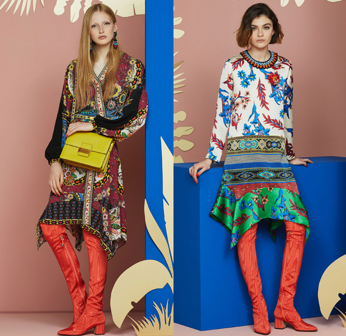 Etro 2018 Resort Cruise Pre-Spring Womens Lookbook Presentation - African Anglo-Indian Bohemian Folklore Ornamental Decorative Art Prints Paisley Kimono Robe Wrap Silk Satin Crêpe De Chine Batik Blossoms Zebra Jacquard Brocade Flowers Floral Leaves Foliage Mix Match Mash Up Fringes Drawstring Cinch Ruffles V-Neck Stripes Tweed Plaid Check Outerwear Coat Long Sleeve Blouse Shirt Sleeveless Vest Waistcoat Maxi Dress Knit Sweater Jumper Shirtdress Tunicdress Denim Jeans Frayed Raw Hem Cropped Tuxedo Stripe Wide Leg Trousers Palazzo Pants Asymmetrical Hem Skirt Frock Thigh High Knee High Boots Suede Choker Pumps High Heels Espadrilles Pompoms Pouch Backpack Purse Clutch Crossbody Bag