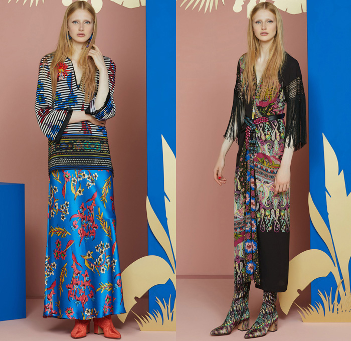 Etro 2018 Resort Cruise Pre-Spring Womens Lookbook Presentation - African Anglo-Indian Bohemian Folklore Ornamental Decorative Art Prints Paisley Kimono Robe Wrap Silk Satin Crêpe De Chine Batik Blossoms Zebra Jacquard Brocade Flowers Floral Leaves Foliage Mix Match Mash Up Fringes Drawstring Cinch Ruffles V-Neck Stripes Tweed Plaid Check Outerwear Coat Long Sleeve Blouse Shirt Sleeveless Vest Waistcoat Maxi Dress Knit Sweater Jumper Shirtdress Tunicdress Denim Jeans Frayed Raw Hem Cropped Tuxedo Stripe Wide Leg Trousers Palazzo Pants Asymmetrical Hem Skirt Frock Thigh High Knee High Boots Suede Choker Pumps High Heels Espadrilles Pompoms Pouch Backpack Purse Clutch Crossbody Bag