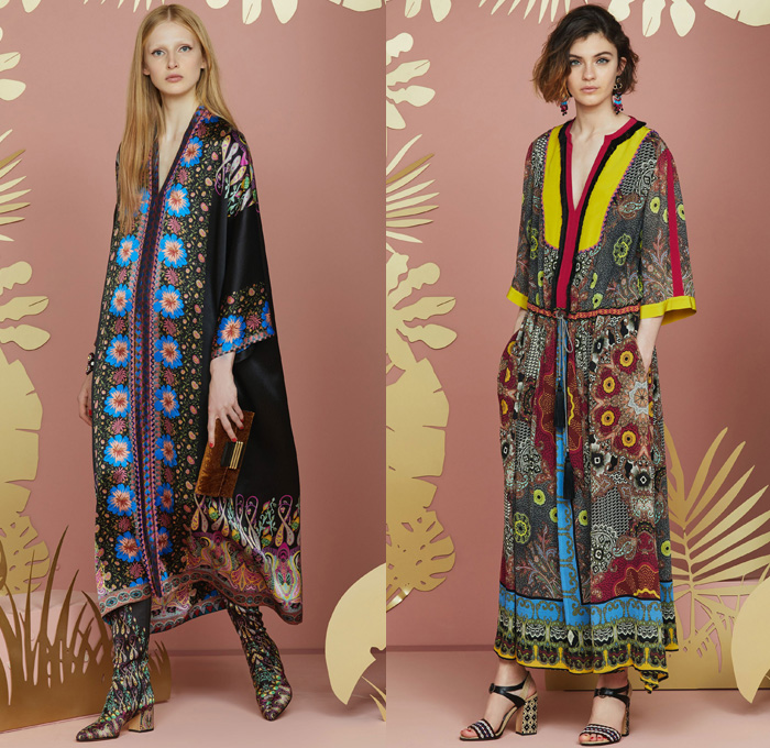 Etro 2018 Resort Cruise Pre-Spring Womens Lookbook Presentation - African Anglo-Indian Bohemian Folklore Ornamental Decorative Art Prints Paisley Kimono Robe Wrap Silk Satin Crêpe De Chine Batik Blossoms Zebra Jacquard Brocade Flowers Floral Leaves Foliage Mix Match Mash Up Fringes Drawstring Cinch Ruffles V-Neck Stripes Tweed Plaid Check Outerwear Coat Long Sleeve Blouse Shirt Sleeveless Vest Waistcoat Maxi Dress Knit Sweater Jumper Shirtdress Tunicdress Denim Jeans Frayed Raw Hem Cropped Tuxedo Stripe Wide Leg Trousers Palazzo Pants Asymmetrical Hem Skirt Frock Thigh High Knee High Boots Suede Choker Pumps High Heels Espadrilles Pompoms Pouch Backpack Purse Clutch Crossbody Bag