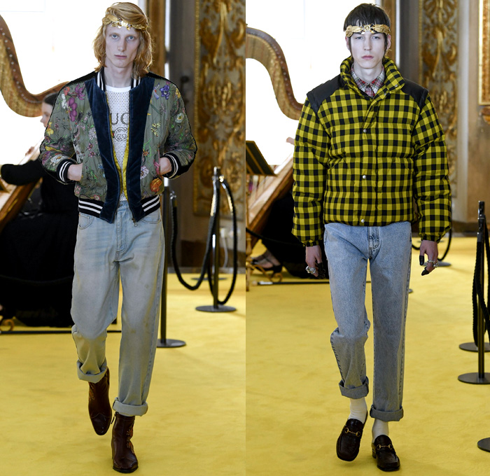 Gucci 2018 Resort Cruise Pre-Spring Mens Runway Catwalk Looks Collection - Palatine Gallery Palazzo Pitti Florence Italy - Renaissance Outerwear Overcoat Parka Quilted Waffle Puffer Down Bomber Field Jacket Suit Blazer Pants Trousers Formal Attire Sweater Jumper Shaggy Plush Fur Shearling Outdoorsman Flowers Floral Botanical Leaves Foliage Print Motif Velour Velvet Plaid Tartan Check Illustration Insects Butterfly Grasshopper Snake Teddy Bear Tiger Mesh Denim Dad Jeans Relaxed Tapered Acid Wash Bleached Boots Headband Loafers Bracelet Socks Doctor's Bag Lanyard Hat