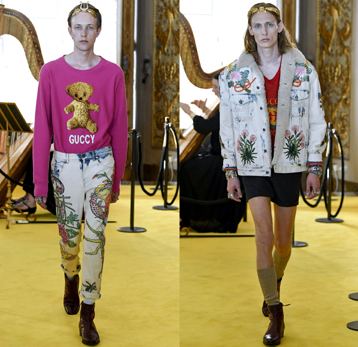 Gucci 2018 Resort Cruise Pre-Spring Mens Runway Catwalk Looks Collection - Palatine Gallery Palazzo Pitti Florence Italy - Renaissance Outerwear Overcoat Parka Quilted Waffle Puffer Down Bomber Field Jacket Suit Blazer Pants Trousers Formal Attire Sweater Jumper Shaggy Plush Fur Shearling Outdoorsman Flowers Floral Botanical Leaves Foliage Print Motif Velour Velvet Plaid Tartan Check Illustration Insects Butterfly Grasshopper Snake Teddy Bear Tiger Mesh Denim Dad Jeans Relaxed Tapered Acid Wash Bleached Boots Headband Loafers Bracelet Socks Doctor's Bag Lanyard Hat